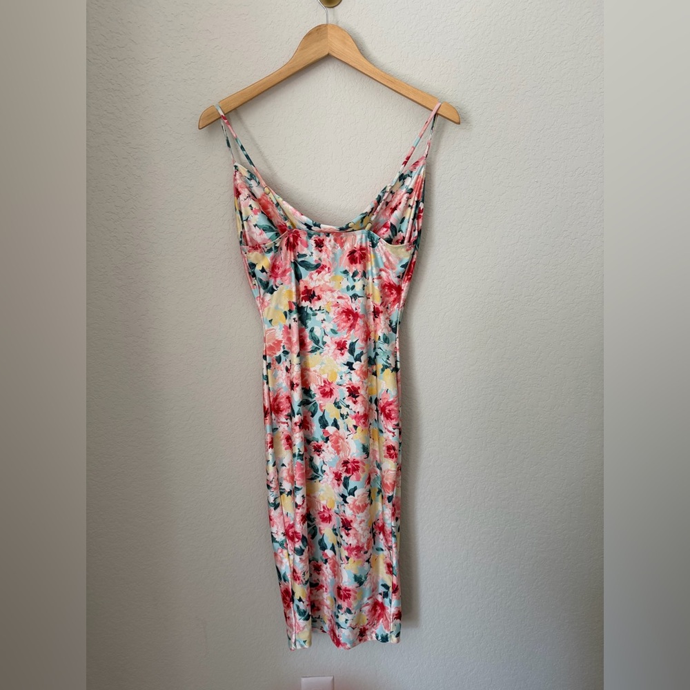 Iris Floral Cowl Neck Bodycon Mini Dress Size Small Pastel Pink Blue - Picture 4 of 10